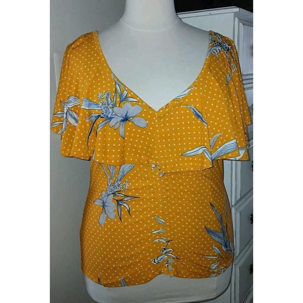 NWT ROUGE COLLECTION Womens 2X/1X Peasant Boho Polka Dot Floral Overlay Top Gold - Picture 3 of 11